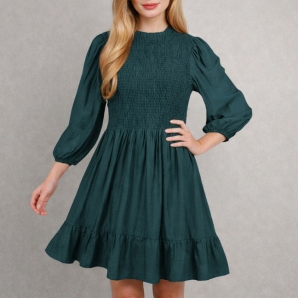Emerald Green Smocked Party Dress Puff Long Sleeve Mini Ruffle Boho Dress Large